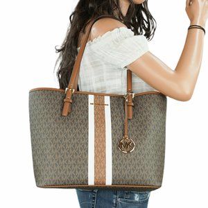 Michael Kors Jet Set Travel Medium Carryall Tote Bag MK Brown Luggage Multi